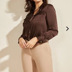Marciano Chocolate Brown Button Down Shirt Satin - Size XS